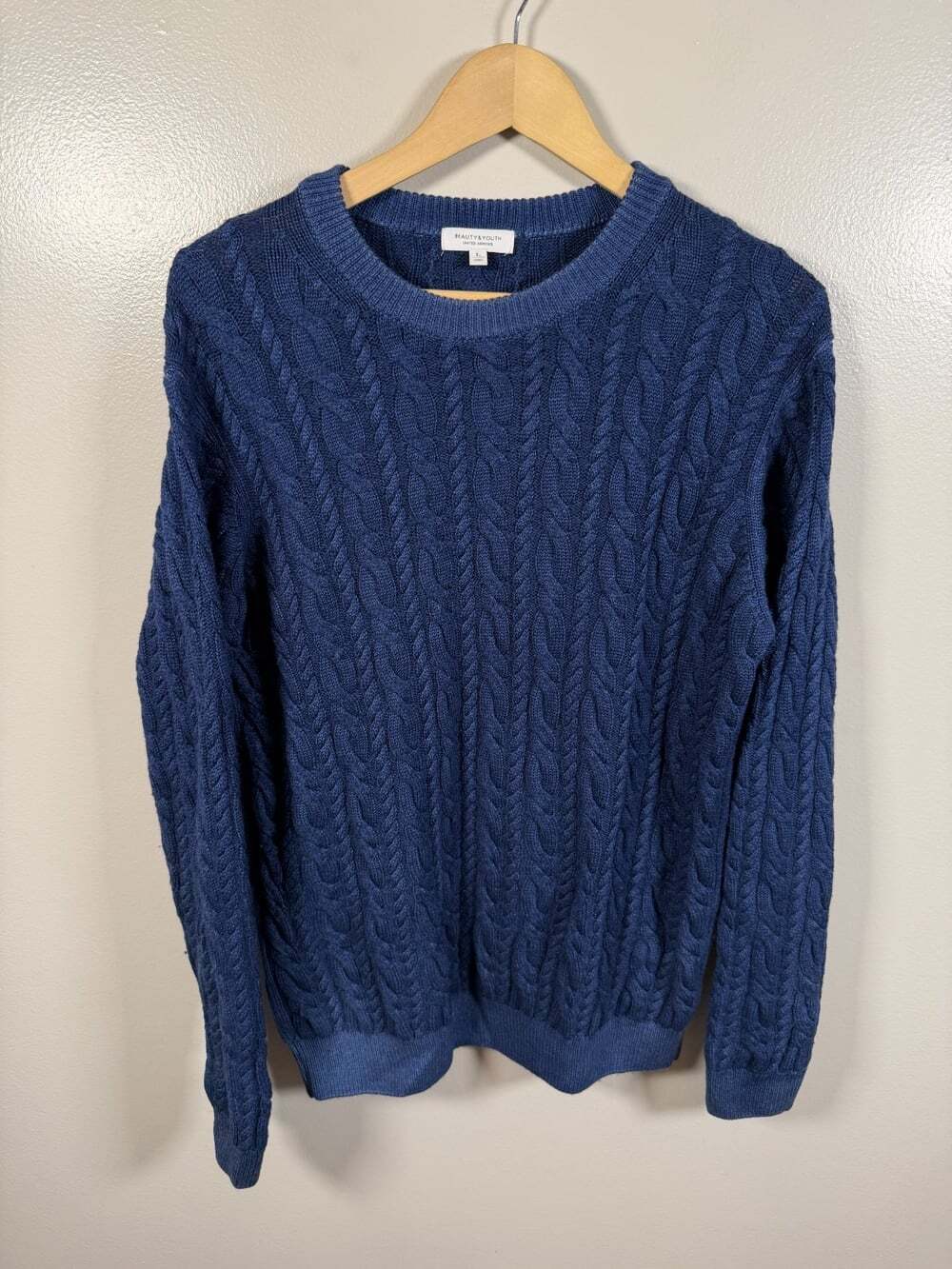 Beauty & Youth United Arrows Wool Cable Knit Crewneck Sweater Mens Large Blue